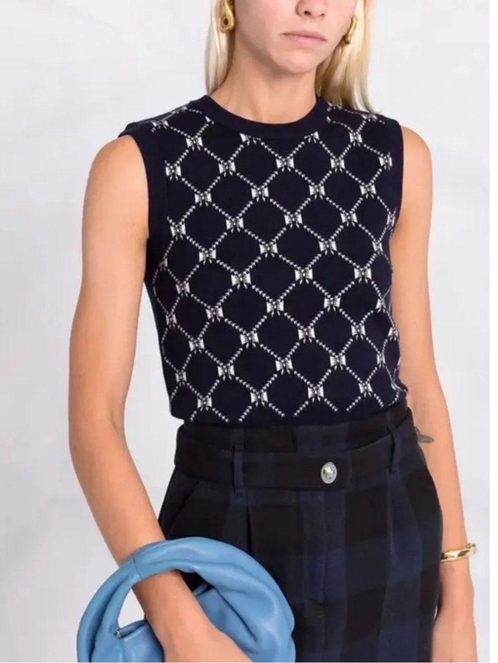 Maje Milia Jacquard Bow Knit Sweater Vest ASO Emily in Paris Navy Blue Size S